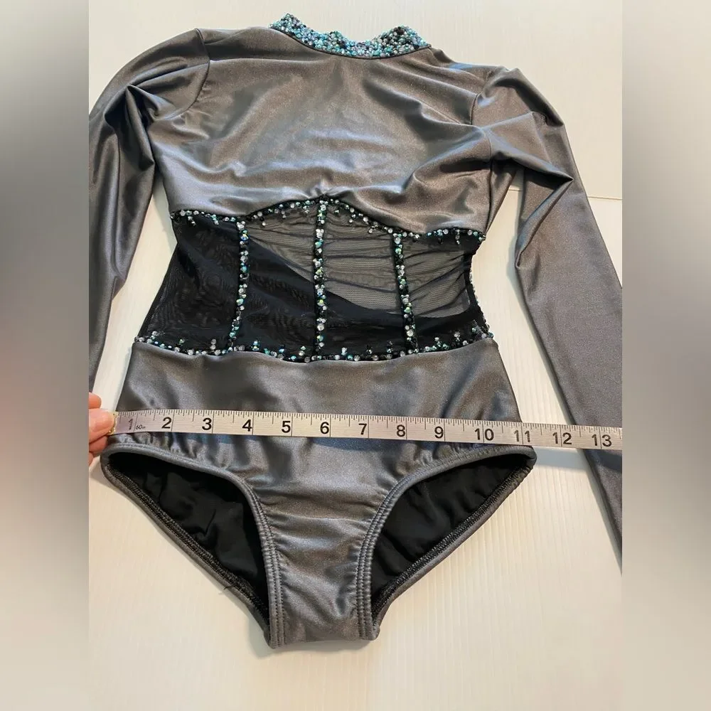 AA dance design costume solo custom gray Ginger leotard illusion LC child
